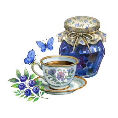 Çiçekli çay fincanı, yabanmersini reçel kavanozu, yapraklar ve nazik kelebeklerle suluboya çizimi. Paketleme, mutfak sanatı, tarif kartları ve büyüleyici botanik tasarımları için ideal tatlı ve rahat bir kompozisyon.