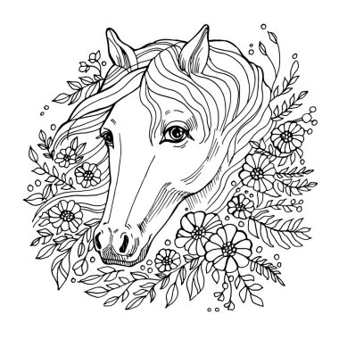 Çiçek elementli el yapımı vektör at, 2026 sembolü için zarif bir çizgi. Boyama sayfaları, zodyak temaları, posterler, baskılar, el sanatları, çocuk aktiviteleri ve yaratıcı tasarım projeleri için mükemmel