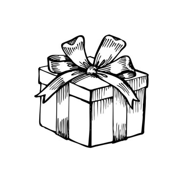 Zarif kurdeleli el yapımı klasik hediye kutusu çizimi. Noel tasarımları, şenlikli markalaşma, tebrik kartları, ambalaj kavramları, çıkartmalar ve dekoratif tatil projeleri için mükemmel.