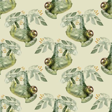 Şirin tembel hayvanlar ve yeşil yapraklı çelenklerle kusursuz suluboya desenler, tropik el boyaması hayvan tasarımı, kumaş ve çocuk dekorasyonu için rahat doğa arka planı..