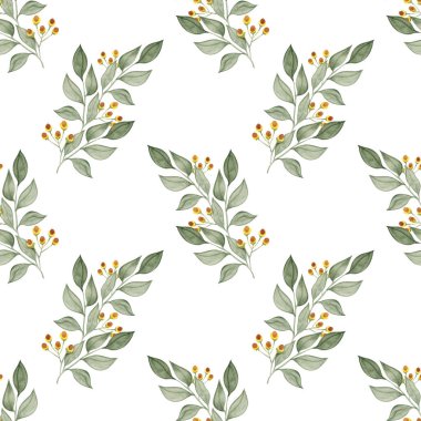 Okaliptüs dalları ve sarı böğürtlenli kusursuz botanik desen, elle boyanmış suluboya yaprak tasarımı, tekstil ve ambalaj için zarif doğa dokusu.