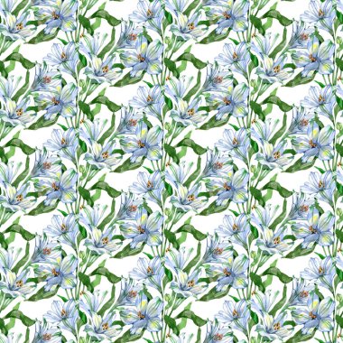 Zarif beyaz ve mavi alstromerya çiçekleri ve taze yeşil yapraklı kusursuz suluboya deseni. Tekstil, ambalaj, duvar kağıtları, kırtasiye ve yüzey tasarımı projeleri için mükemmel bir botanik tasarımı