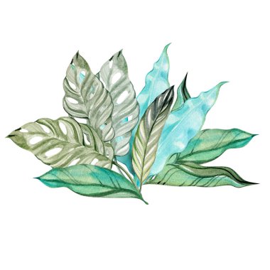 Katmanlı yeşil ve mavi yapraklı suluboya tropikal yaprak düzenleme. Hava botanik kompozisyonu egzotik bitkilerden esinlenilmiştir. Dekoratif tasarım, tekstil ve modern doğal temalar için ideal.