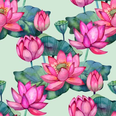 Açık pembe nilüfer çiçekleri, yeşil yapraklar ve tohum kabukları ile sulu boya desenleri. Asyalı botanik motiflerinden esinlenerek tekrarlanan zarif çiçek tasarımı. Tekstil, ambalaj kağıdı ve yüzey tasarımı için mükemmel