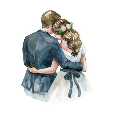 Sevgi dolu bir gelin ve damadın suluboya çizimi şefkat ve duygusal bir bağ sunuyor. Düğün davetiyeleri, tebrik kartları, romantik markalaşma, hatıra defteri ve yıldönümü tasarımları için ideal.