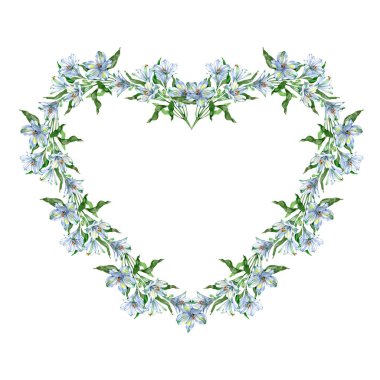 Narin beyaz alstromerya çiçekleri ve taze yeşil yapraktan yapılmış sulu boya kalp çerçevesi. Düğün davetiyeleri, davetiyeler, romantik tasarımlar, yıldönümü kartları ve zarif dekoratif projeler için mükemmel.