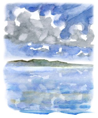 Suluboya deniz manzarası dramatik bulutlar, yumuşak mavi tonlar, uzak kıyı şeridi ve sakin yansıtıcı su. Atmosferik kıyı çizimi doğa tasarımları, seyahat temaları ve huzurlu manzaralar için mükemmeldir.