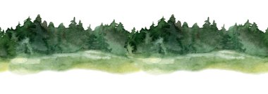 Derin yeşil ağaçları, yumuşak sisi ve doğal eğimli tonlarıyla suluboya, dikişsiz orman sınırı. Ekonomi tasarımı, ambalaj, çocuk ürünleri, baskılar, tekstil, davetiyeler ve markalaşma malzemeleri için ideal