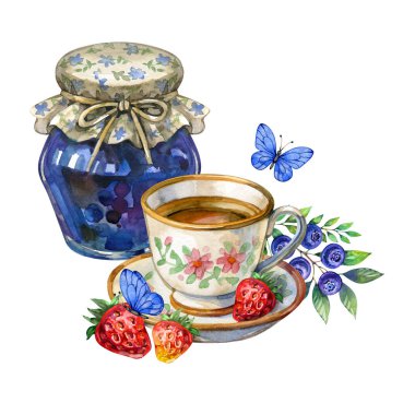 Çay fincanı, çilek reçeli kavanozu, çilek, yabanmersini ve narin mavi kelebeklerle suluboya kompozisyonu. Konforlu Cottagecore çizimi ambalaj, baskılar, mutfak ve selamlama tasarımları için mükemmeldir.