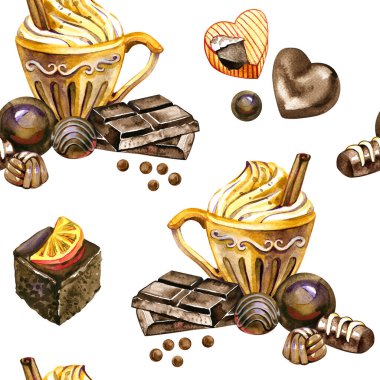 Çikolatalı, kakaolu, şekerli, kalp şeklinde şekerlemeli ve tatlılı kusursuz suluboya sevgililer günü deseni. Çikolata ambalajı, şekerleme markası, romantik baskılar ve şenlikli tasarımlar için mükemmel.