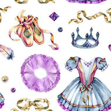 Sivri uçlu ayakkabılar, klasik tütü elbiseler, kurdeleler, taç, tüyler ve çiçeklerle süslenmiş zarif suluboya desenli bale desenleri. Tekstil, kırtasiye, ambalaj, duvar kağıdı ve yaratıcı projeler için romantik sanatsal tasarım