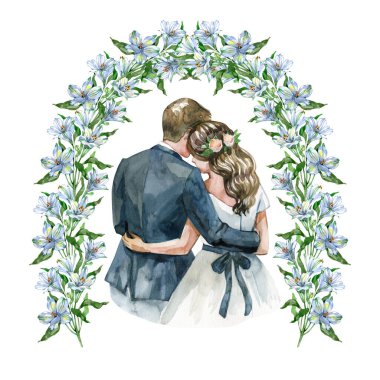 Suluboya yeni evli çift beyaz alstroemeria 'nın zarif çiçek kemerinin altında kucaklaşıyorlar. Düğün davetiyeleri, romantik baskılar, yıldönümü kartları ve zarif dekoratif projeler için mükemmel.