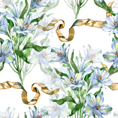 Zarif mavi alstroemeria zambakları ve akan altın kurdeleler içeren kusursuz suluboya deseni. Bu el yapımı botanik tasarımı beyaz arka planda narin çiçek buketleri ve altın ipek flamalar sergiliyor.