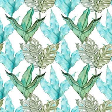 Narin yeşil canavarımsı adansonii yapraklarının yumuşak botanik tarzıyla boyandığı kusursuz suluboya desenleri. Zarif tropik yaprak tasarımı kumaş, ambalaj, kırtasiye ve doğa temalı projeler için mükemmeldir.