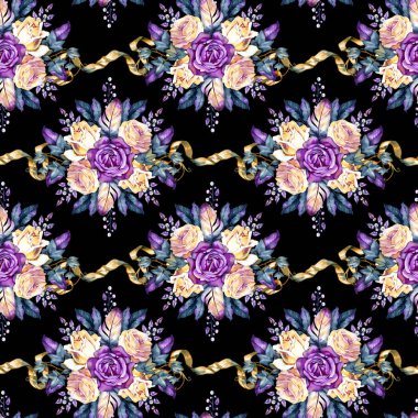 Şatafatlı suluboya, güller, tüyler, taç ve değerli unsurları birleştiren pürüzsüz bale deseni. Romantik zarafeti olan zengin sanatsal kompozisyon, kaliteli tekstil, moda aksesuarları, dekor, kırtasiye ve ambalaj için mükemmel.