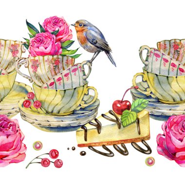 Çiçekli pembe güller, küçük ötücü kuşlar, böğürtlenler ve tatlı içeren klasik çay fincanlarının yer aldığı yaz kır evi tarzında elle boyanmış suluboya kusursuz bir sınır. Romantik tasarımlar, kırtasiye, ambalaj, tekstil, davetiyeler ve markalaşma için mükemmel.
