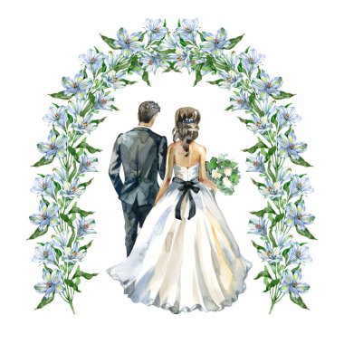 Beyaz alstroemeria çiçekli bir kemerin altında duran gelin ve damadın zarif suluboya çizimi. Romantik düğün eserleri davetiyeler, tebrik kartları, kırtasiye malzemeleri ve kutlama tasarımları için mükemmeldir.