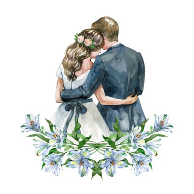 Romantik suluboya çifti, beyaz alstroemeria çiçeklerinden oluşan yemyeşil bir düzenin üzerinde kucaklaştılar. Düğün kağıtları, kartlar, yıldönümü tasarımları, romantik posterler ve zarif baskı projeleri için ideal