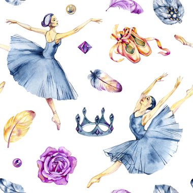 Klasik balerinlerin etkileyici pozlarda dans ettiği zarif suluboya desenler. Hafif etekler ve zarif hareketler moda, dekor, kırtasiye ve sanatsal markalaşma için ideal bir tasarım oluşturur.