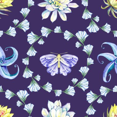 Ay çiçekleri, çiçek çelenkleri ve kelebeklerle süslü suluboya çizimler. Romantik düğünler, kırtasiyeler, tekstil ve dekoratif yüzey tasarımı için yaratılmış rüya gibi gece modunda yumuşak sihirli botanik desen.