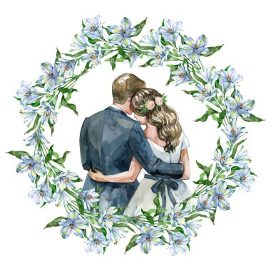 Suluboya düğün çifti, beyaz alstroemeria çiçeklerinden oluşan dairesel bir çerçevenin içine sarıldı. Davetiyeler için mükemmel, tarihi kaydet, romantik baskılar ve zarif dekoratif tasarımlar.