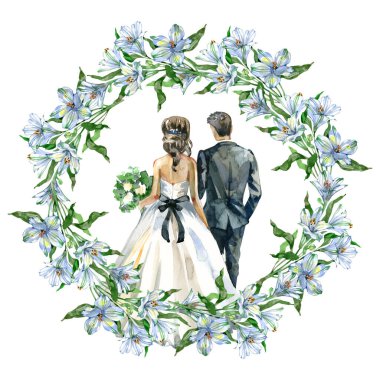 Suluboya düğün çifti, beyaz alstroemeria çiçeklerinden oluşan dairesel bir çerçevenin içine sarıldı. Davetiyeler için mükemmel, tarihi kaydet, romantik baskılar ve zarif dekoratif tasarımlar.