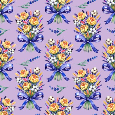 Canlı çiçek buketleri içeren kusursuz suluboya desenleri. Sarı güller, mor lavanta ve pamuk çiçekleri zarif mavi kurdelelerle bağlanarak romantik ve kırsal bir estetik oluştururlar.