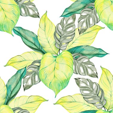 Yumuşak yeşil yapraklar, turkuaz ve sarı gölgeli suluboya, dikişsiz desenler. Sanatsal yaprak elementleri, tekstil, duvar kağıtları, ambalaj kağıtları ve yaratıcı projeler için mükemmel yeni bir botanik tasarımı oluşturur.
