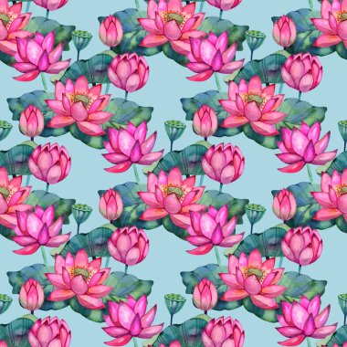 Çiçek açan pembe nilüfer çiçekleri, yemyeşil yapraklar ve tohum kabukları ile sulu boya desenleri. Botanik tasarım tekstil, sağlık temaları, spa baskıları, duvar kağıtları ve zarif doğal yüzeyler için uygundur.