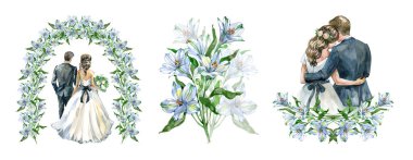 Romantik suluboya düğün kompozisyonları koleksiyonu. Çiçekli bir kemerin altında bir gelin ve damat, beyaz zambaklardan oluşan gür bir buket, ve birbirine sarılmış birkaç çift, hepsi yumuşak, zarif tonlarda.