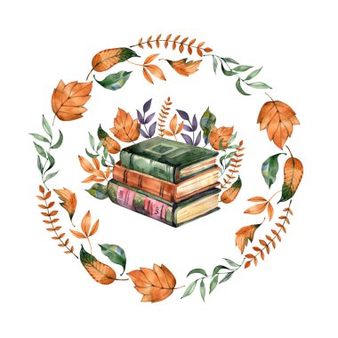 Yuvarlak bir sonbahar çelengi içine yerleştirilmiş bir yığın eski kitabın suluboya mistik çizimi. Dekoratif çerçeve, turuncu ve yeşil dökülen yapraklar ve botanik dallardan oluşur.