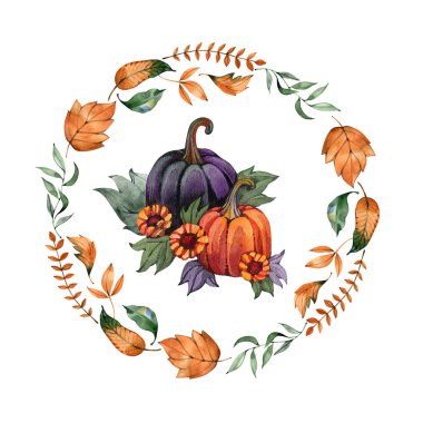 Mor renkli ve turuncu bir balkabağı süslemesi içeren suluboya sonbahar çizimi. Merkezi bileşim, turuncu ve yeşil yapraklardan oluşan hassas dairesel bir çelenk ile çerçevelenmiştir.