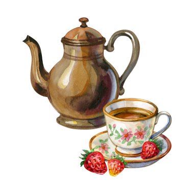 İçinde kaliteli pirinç çaydanlık ve taze çilekli çiçekli çay fincanı bulunan sıcacık bir suluboya çizimi. Bu zarif çay saati kompozisyonu mutfak dekorasyonu ve tebrik kartları için mükemmeldir.