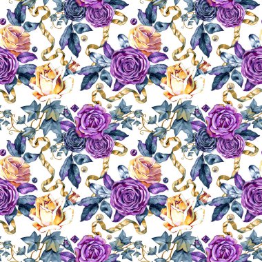 Gülleri, tüyleri ve dekoratif kurdeleleri baleden esinlenilmiş çiçek aranjmanında birleştiren lükssüz suluboya desenleri. Zarif tekstil ürünleri, duvar kağıtları, düğün kırtasiyesi ve prim tasarımları için mükemmel.