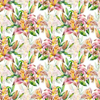 Zarif suluboya, taze yeşil yapraklı pembe zambakların kusursuz deseni. Hassas bir botanik tasarımı. Romantik tekstil, bahar dekorasyonu ve çiçek kırtasiyesi için mükemmel.