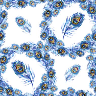 Dalgalı çelenkler ve dağınık tavus kuşu tüyleri içeren lükssüz suluboya desenler. Süslü tasarım, karmaşık bir bohem dokusu için zengin çivit ve turkuaz göz desenleri gösteriyor..