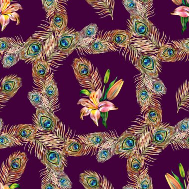 Zarif dikişsiz suluboya desenli altın tavus kuşu tüylerinden oluşan kıvrımlı çelenkler narin şeftali çiçeği buketleriyle vurgulanıyor. Süslü botanik tasarımı lüks bir estetik için sonsuzca tekrarlanır.