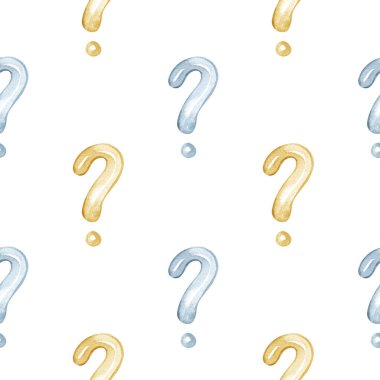 Mavi ve altın soru işaretleri içeren elle boyanmış suluboya desenler. Bu tuhaf tasarım yumuşak dokuları ve organik şekilleri sergiliyor, onu eğitici materyaller, sınavlar ve ilginç markalar için mükemmel kılıyor.