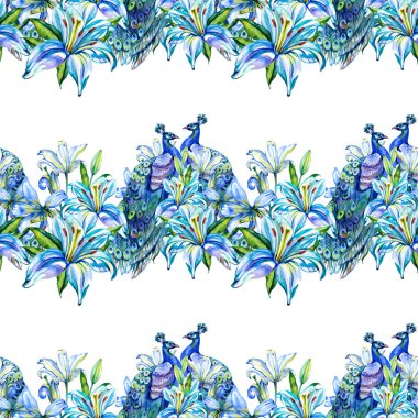 Mavi zambakların arasına yerleşmiş görkemli tavus kuşlarının yer aldığı yatay, pürüzsüz suluboya sınır. Tekrarlanan düzenleme, tüy detaylarını ve hassas taç yapraklarını sürekli olarak gözler önüne seriyor.