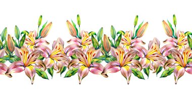 Tomurcukları ve yaprakları olan zambak çiçeklerinden oluşan el boyası, yatay, pürüzsüz bir sınır. Bu canlı botanik illüstrasyonunda gerçekçi detaylara sahip pembe ve turuncu zambaklar, zarif düğün kırtasiyesi ve yaz dekorasyonu için mükemmel.