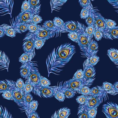 Bu elle boyanmış suluboya desenler, zarif dairesel çelenklerle düzenlenmiş canlı tavus kuşu tüylerine ve koyu lacivert arka planda dağınık elementlere sahiptir. Her tüyün ayrıntılı gözü turkuazın gölgeleriyle parıldar.