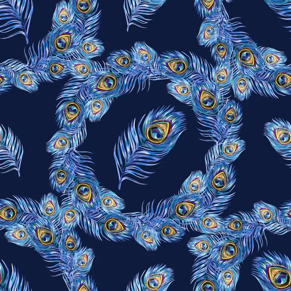 Bu elle boyanmış suluboya desenler, zarif dairesel çelenklerle düzenlenmiş canlı tavus kuşu tüylerine ve koyu lacivert arka planda dağınık elementlere sahiptir. Her tüyün ayrıntılı gözü turkuazın gölgeleriyle parıldar.