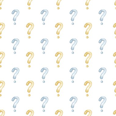 Mavi ve altın soru işaretleri içeren elle boyanmış suluboya desenler. Bu tuhaf tasarım yumuşak dokuları ve organik şekilleri sergiliyor, onu eğitici materyaller, sınavlar ve ilginç markalar için mükemmel kılıyor.
