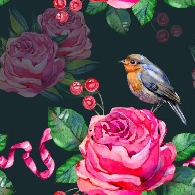 Pembe şakayıklar, büyüleyici ötücü kuşlar, kırmızı böğürtlenler ve ipek kurdeleler içeren kusursuz suluboya desenleri. Canlı, romantik bir botanik duvar kâğıdı tasarımı. Elle boyanmış gibi.