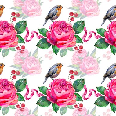 Pembe şakayıklar, büyüleyici ötücü kuşlar, kırmızı böğürtlenler ve ipek kurdeleler içeren kusursuz suluboya desenleri. Canlı, romantik bir botanik duvar kâğıdı tasarımı. Elle boyanmış gibi.