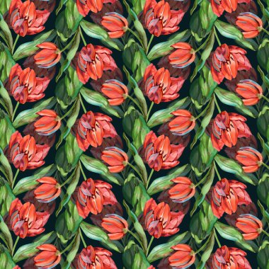 Kırmızı laleler ve yeşil yapraklar içeren elle boyanmış sulu boya desenler. Yumuşak dokuları olan bu zarif botanik tasarımı bahar tekstili, çiçekli duvar kağıtları ve romantik hediye paketleme için idealdir.