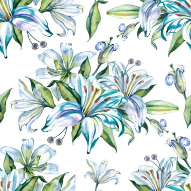 Elle çizilmiş suluboya kusursuz desenli zarif beyaz ve mavi zambaklar ve yemyeşil yapraklar. Bu romantik çiçek tasarımı düğün kırtasiyesi, kadın tekstil ürünleri ve lüks hediye paketi için mükemmel..