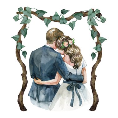 Kırsal ahşap bir kemerin altında, kalp şeklinde yeşil yapraklarla kucaklaşan gelin ve damadın iç açıcı suluboya çizimi. Düğün davetiyeleri ve gelinlik dekorasyonu için ideal bir el yapımı tasarım.