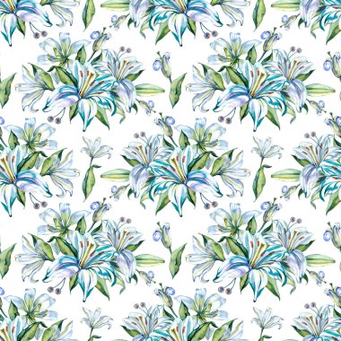 Zarif el, yeşil yapraklı beyaz ve mavi zambak buketleri içeren dikişsiz suluboya desenli. Bu botanik çiçek dokusu düğün tekstili, bahar duvar kağıtları ve hediye paketi için mükemmel.