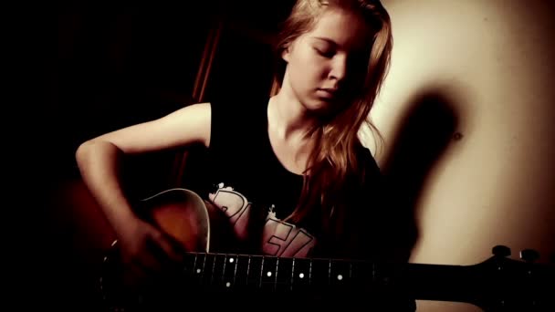 Teen Girl Playing Guitar At Home — Stock Video